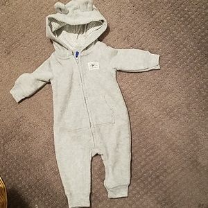Gray one piece fleece outfit.